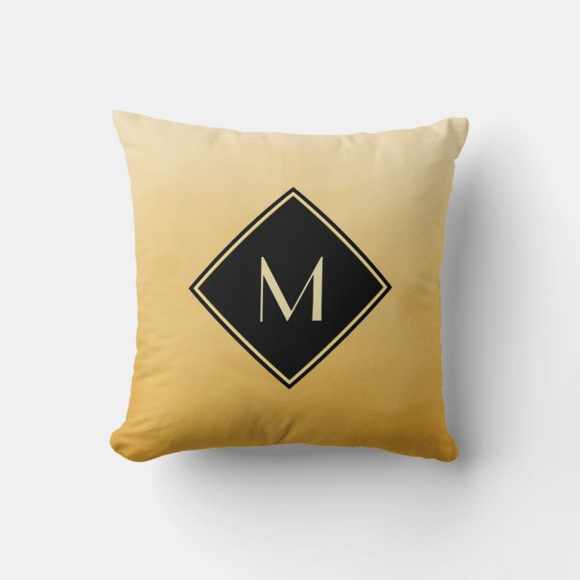 Gold and Black Diamond Monogram Initial Design Throw Pillow (Front)