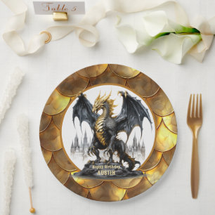 Gold and Black Dragon with Dragon Scale Border Paper Plates
