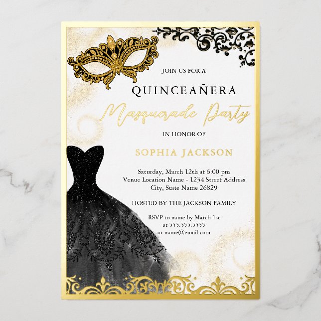Gold And Black Dress Masquerade Party Quinceanera Foil Invitation (Front)