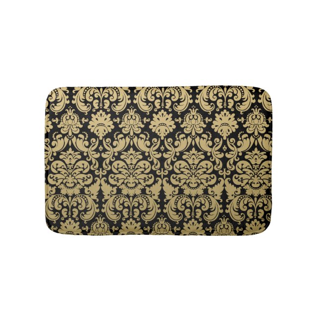 Gold and Black Elegant Damask Pattern Bathroom Mat (Front)