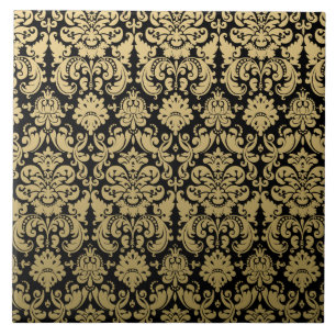 Gold and Black Elegant Damask Pattern Ceramic Tile