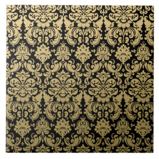 Gold and Black Elegant Damask Pattern Ceramic Tile
