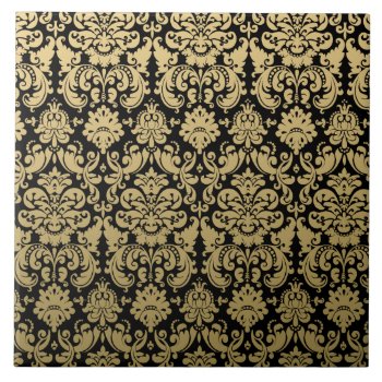 Gold And Black Elegant Damask Pattern Ceramic Tile by DamaskGallery at Zazzle