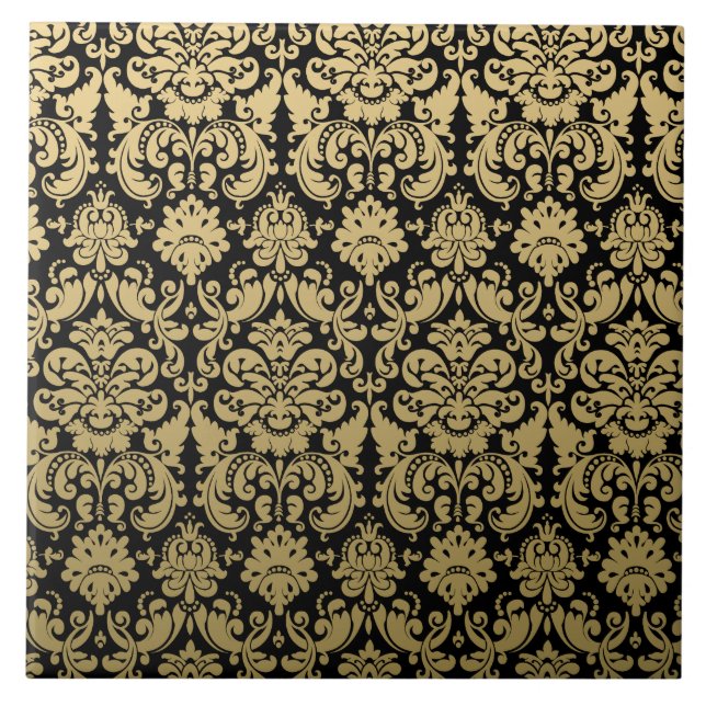 Gold and Black Elegant Damask Pattern Ceramic Tile (Front)