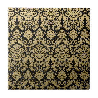 Gold and Black Elegant Damask Pattern Ceramic Tile