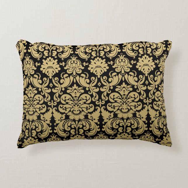 Gold and Black Elegant Damask Pattern Decorative Pillow (Front)