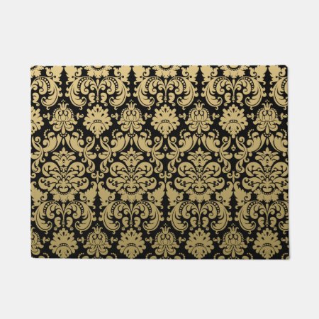 Gold And Black Elegant Damask Pattern Doormat