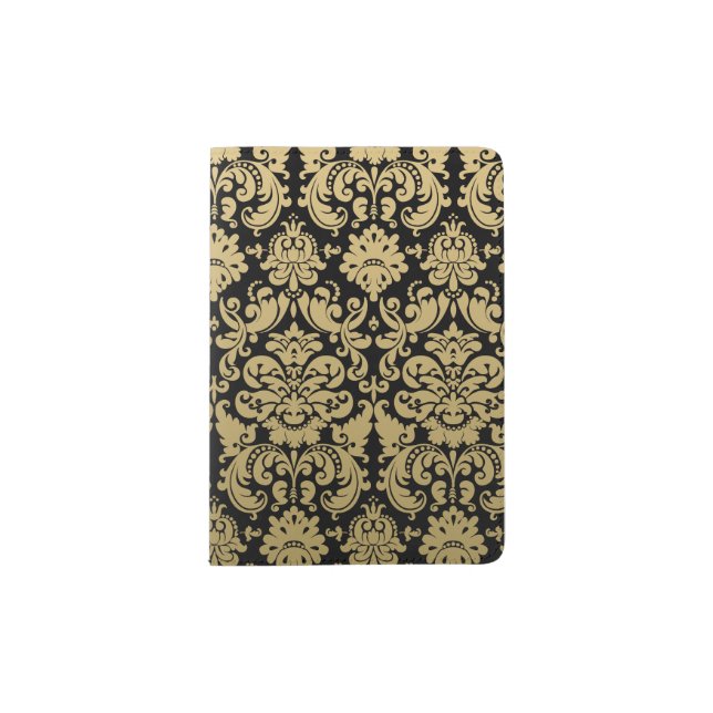 Gold and Black Elegant Damask Pattern Passport Holder (Front)