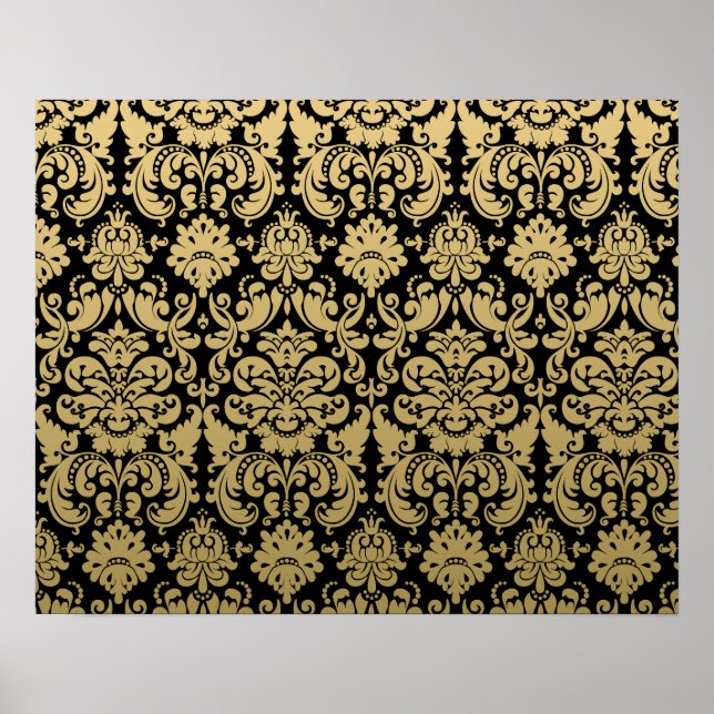 Gold and Black Elegant Damask Pattern Poster (Front)