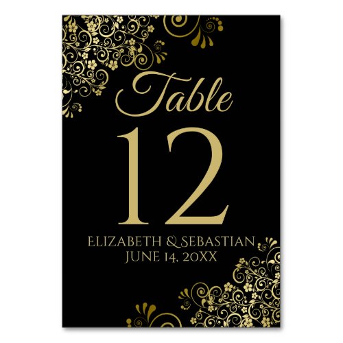 Gold and Black Elegant Filigree Wedding Table Number