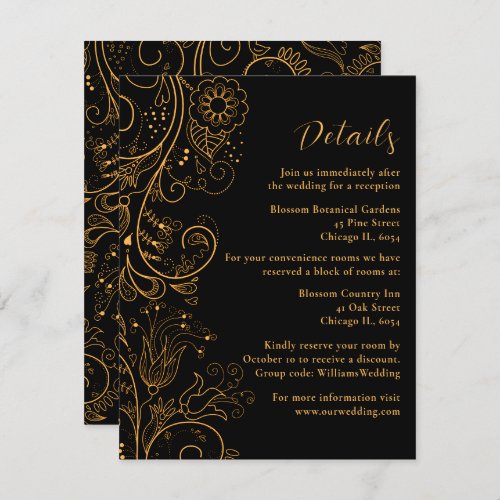Gold and Black Elegant Floral Wedding Details Enclosure Card