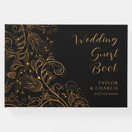 Gold and Black Elegant Floral Wedding Guest Book