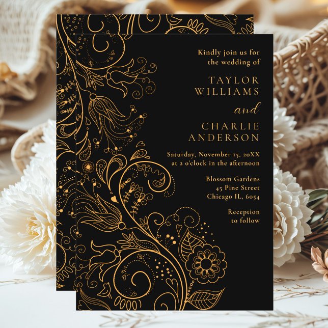 Gold and Black Elegant Floral Wedding Invitation (Creator Uploaded)