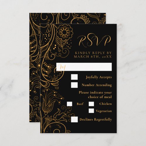 Gold and Black Elegant Floral Wedding Meal Choice RSVP Card