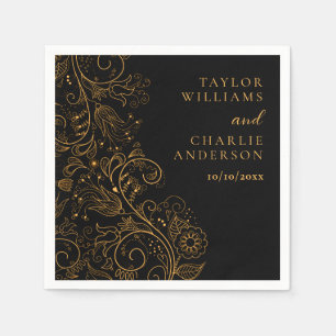Gold and Black Elegant Floral Wedding Napkins