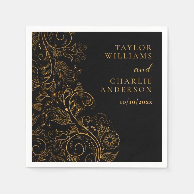 Gold and Black Elegant Floral Wedding Napkins (Front)
