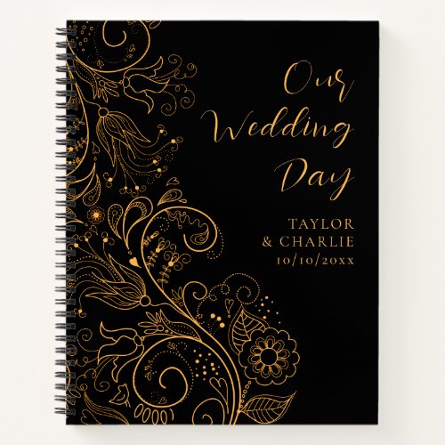 Gold and Black Elegant Floral Wedding Notebook