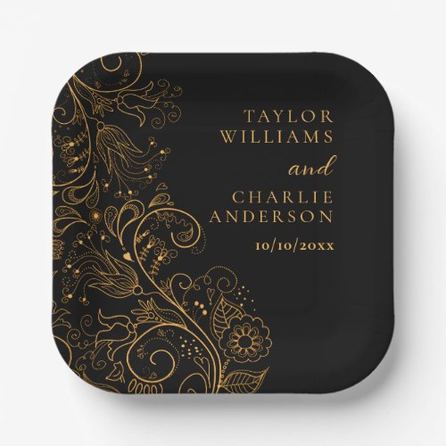 Gold and Black Elegant Floral Wedding Paper Plates