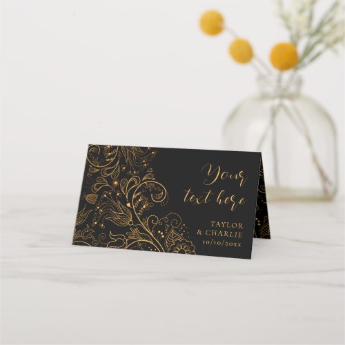 Gold and Black Elegant Floral Wedding Place Card