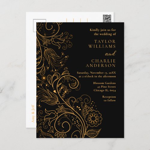 Gold and Black Elegant Floral Wedding Postcard