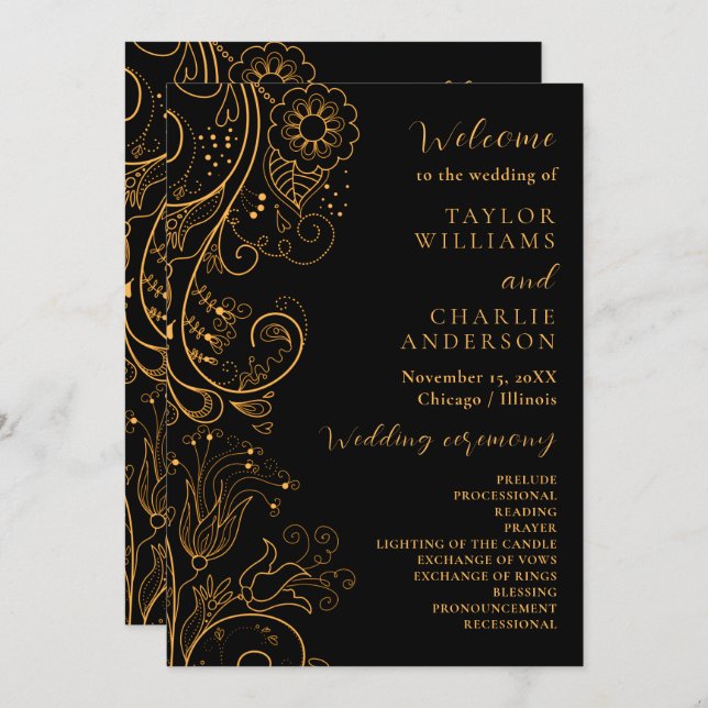 Gold and Black Elegant Floral Wedding Program (Front/Back)