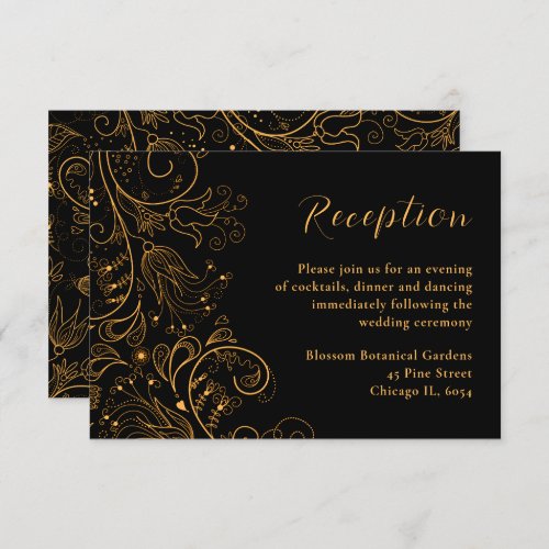 Gold and Black Elegant Floral Wedding Reception Enclosure Card