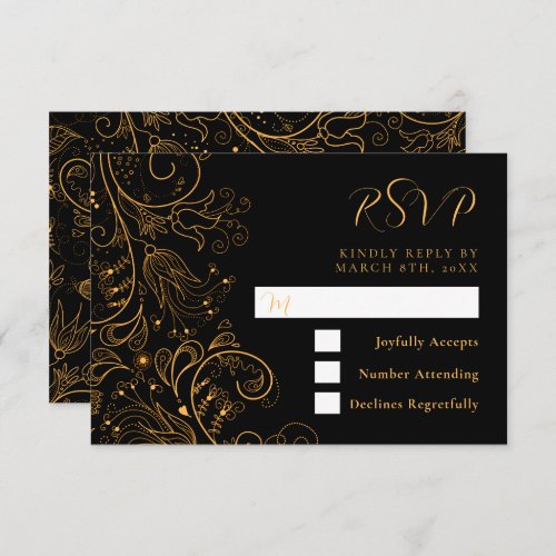 Gold and Black Elegant Floral Wedding RSVP Card