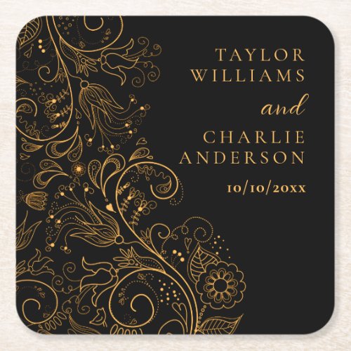 Gold and Black Elegant Floral Wedding Square Paper Coaster