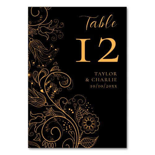 Gold and Black Elegant Floral Wedding Table Number