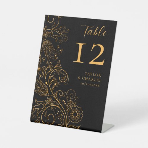 Gold and Black Elegant Floral Wedding Table Number Pedestal Sign