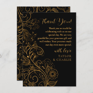 Gold and Black Elegant Floral Wedding Thank You Card