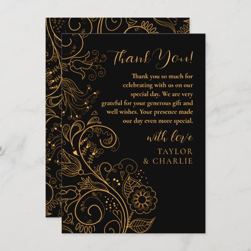 Gold and Black Elegant Floral Wedding Thank You Card