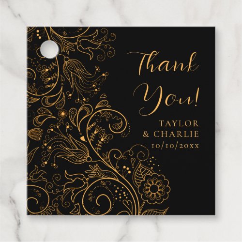 Gold and Black Elegant Floral Wedding Thank You Favor Tags