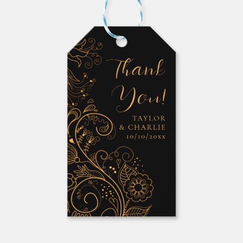 Gold and Black Elegant Floral Wedding Thank You Gift Tags