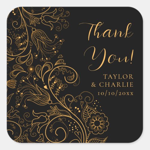 Gold and Black Elegant Floral Wedding Thank You Square Sticker