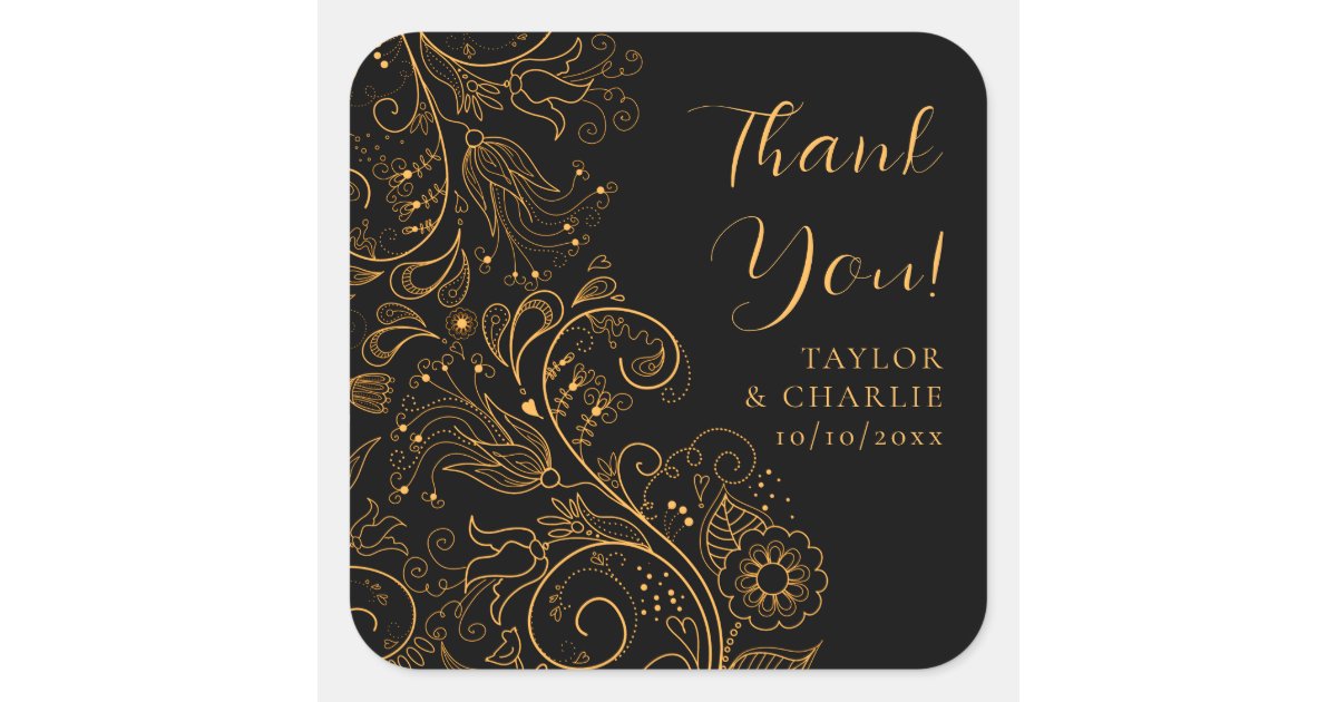 Gold and Black Elegant Floral Wedding Thank You Square Sticker | Zazzle