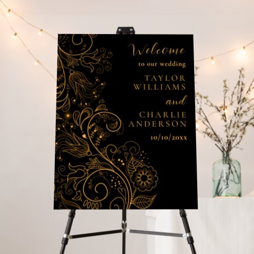 Gold and Black Elegant Floral Wedding Welcome Foam Board