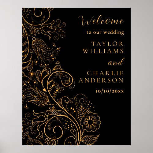 Gold and Black Elegant Floral Wedding Welcome Poster