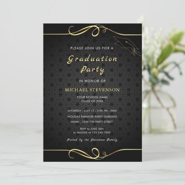 Gold and Black Elegant Graduation Invitation Card (Standing Front)