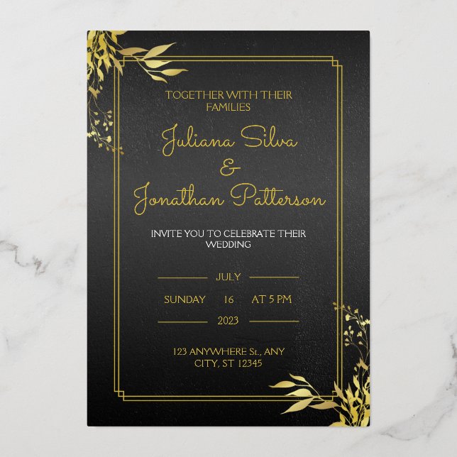 Gold And Black Elegant Wedding Invitation Portrait Foil Invitation (Front)