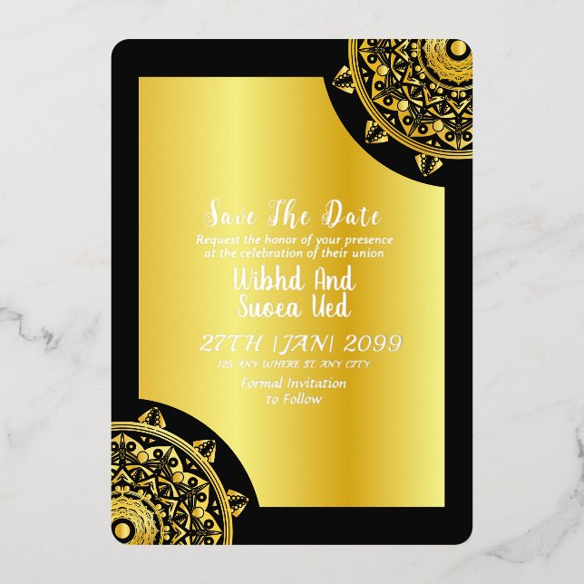 Gold and Black Elegant Wedding Save the Date Foil Invitation (Front)