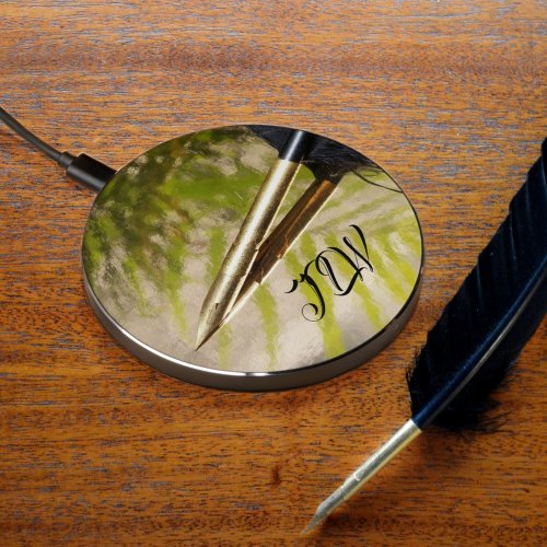 Gold and Black Feather Quill Pen with Initials Wireless Charger