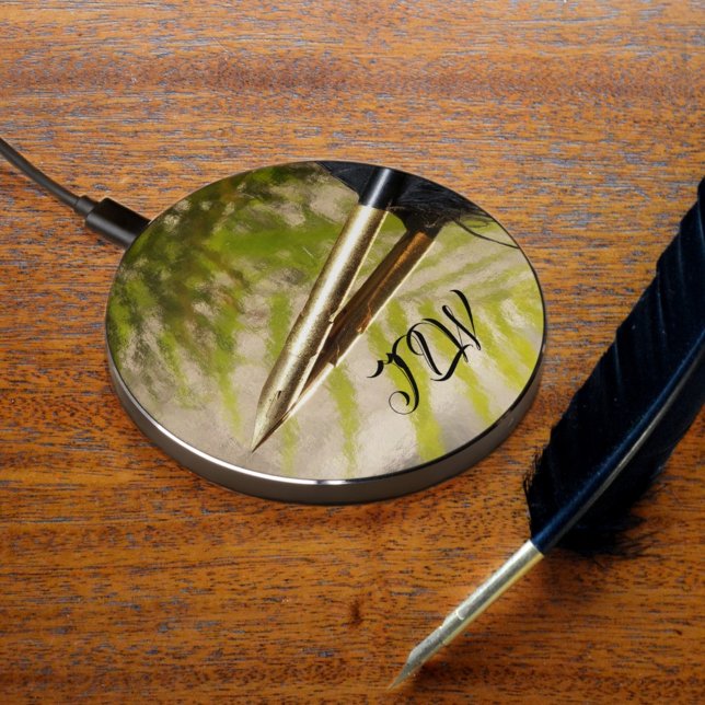 Gold and Black Feather Quill Pen with Initials Wireless Charger (Creator Uploaded)