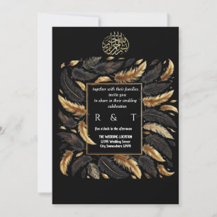 gold and black feathers wedding invitation