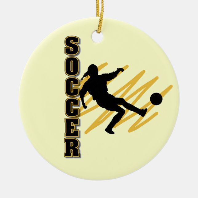 Gold and Black Female Soccer Player Ceramic Ornament (Front)