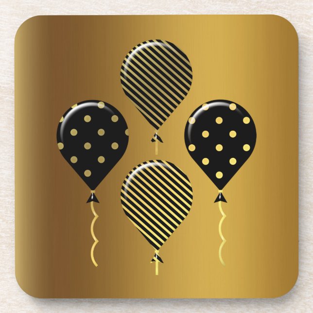 Gold and Black Festive Balloons Beverage Coaster (Front)