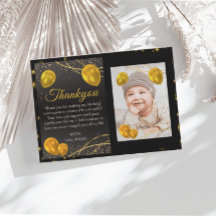 Gold and Black First Birthday photo thank you card