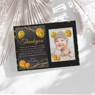 Gold and Black First Birthday photo thank you card