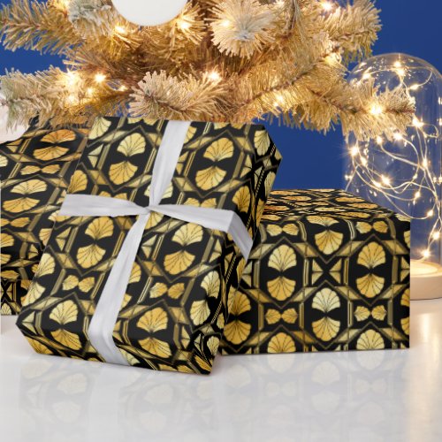 Gold and Black Floral Art Deco Pattern Wrapping Paper