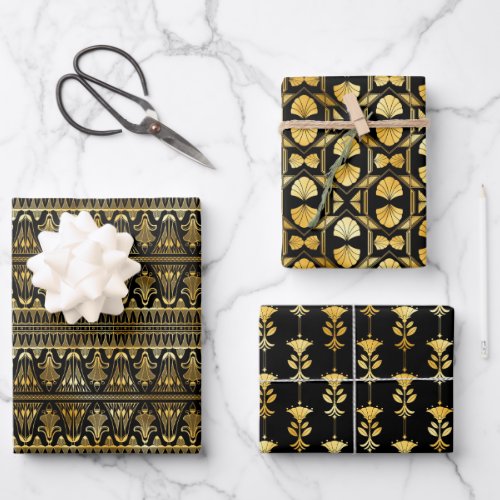 Gold and Black Floral Art Deco Patterns Wrapping Paper Sheets